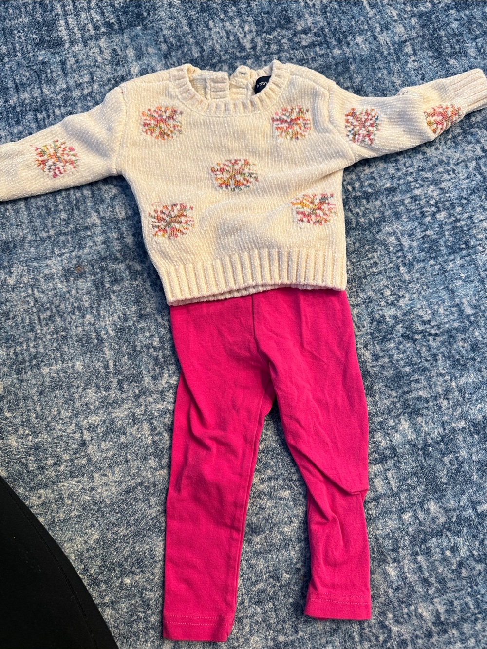 Snowflake Knit Sweater with Pink Floral Accents and Hot Pink Leggings